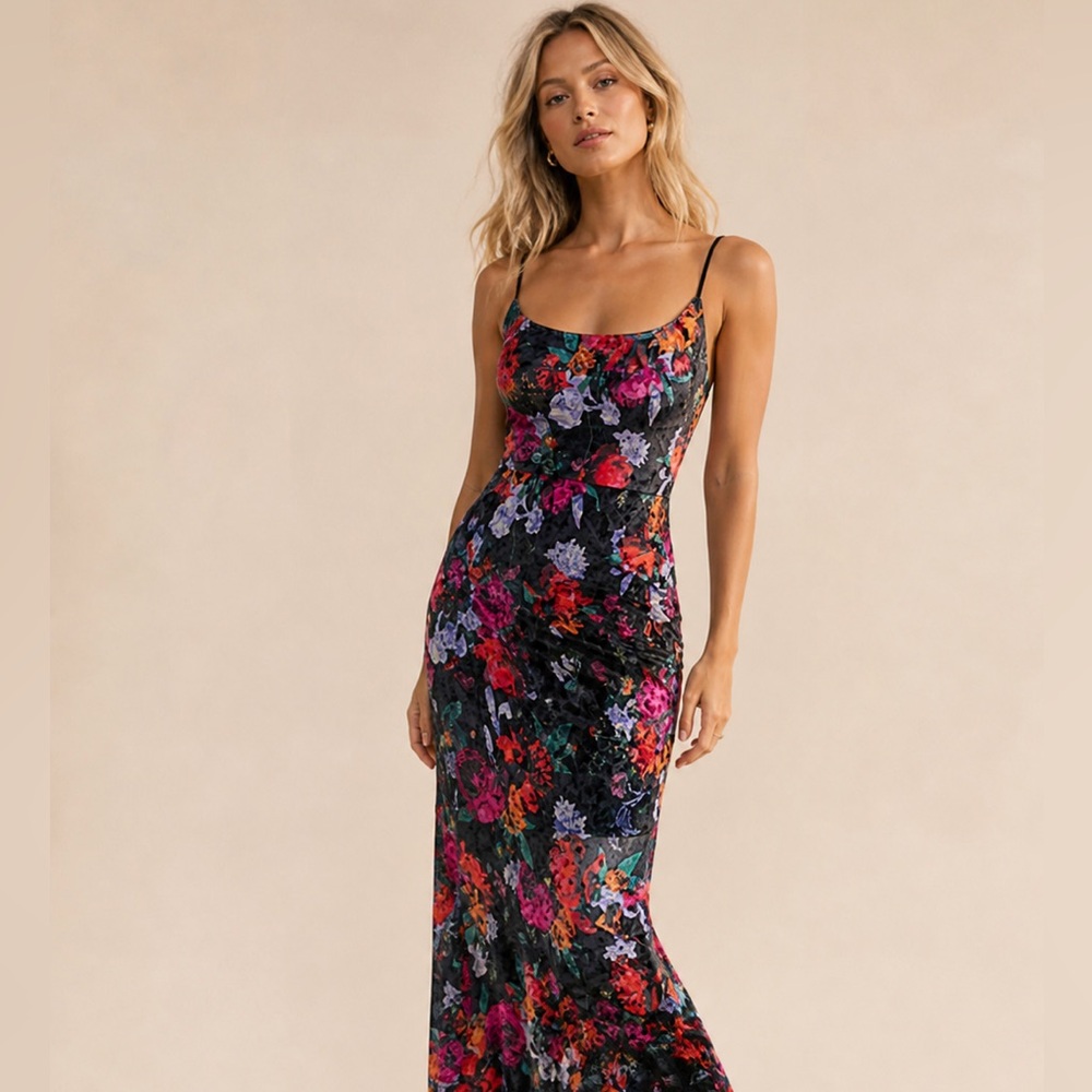 Anthropologie's HUTCH Velvet Floral Maxi Dress Velvet Straps